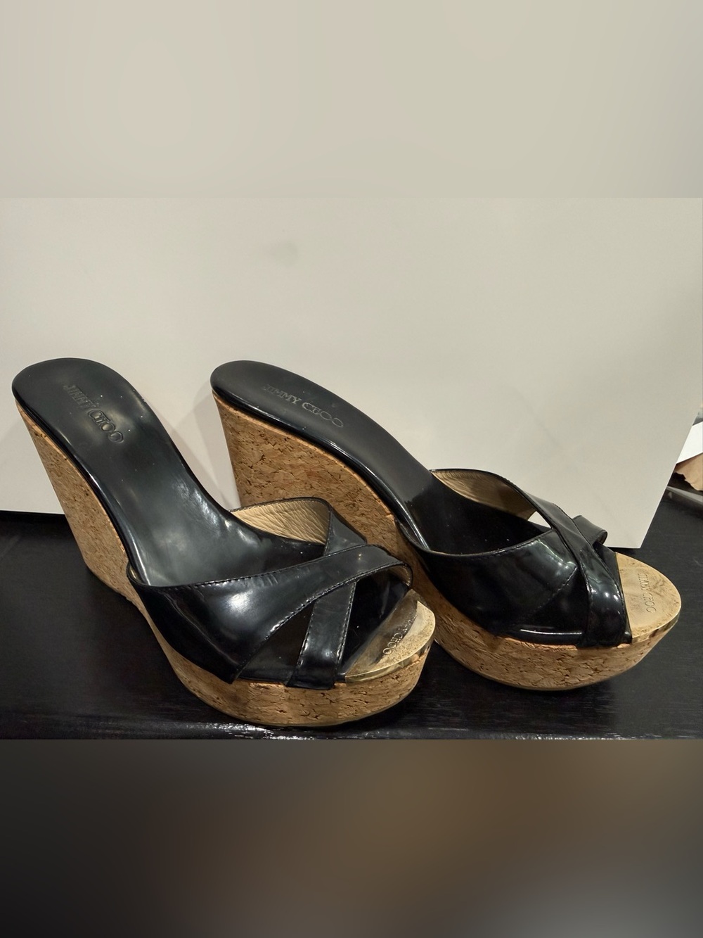 Jimmy Choo Black Leather Cork Wedge Mules
